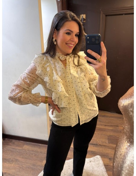 Camisera volantes lazada beige