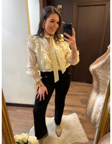 Camisera volantes lazada beige