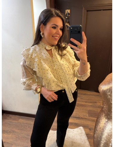 Camisera volantes lazada beige