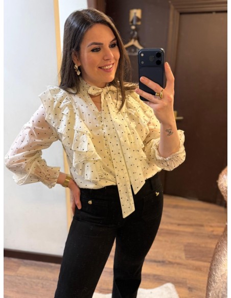 Camisera volantes lazada beige